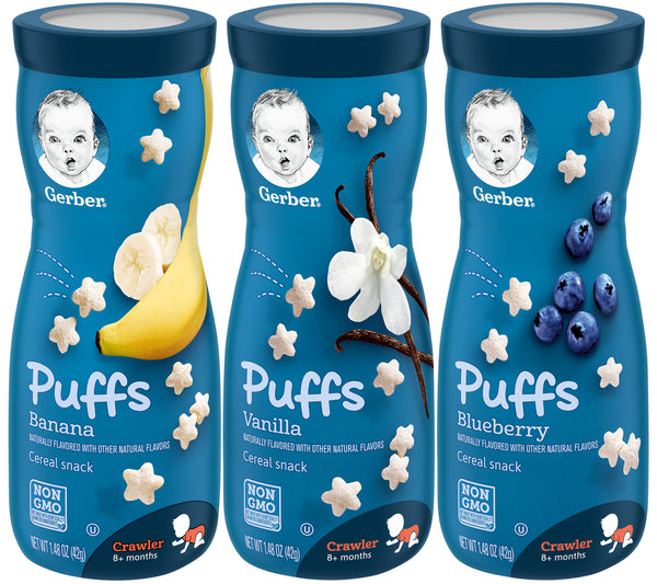 Gerber Puffs Variety Pack, 1 Banana, 1 Vanilla, 1 Blueberry, 3 CT - Trustables