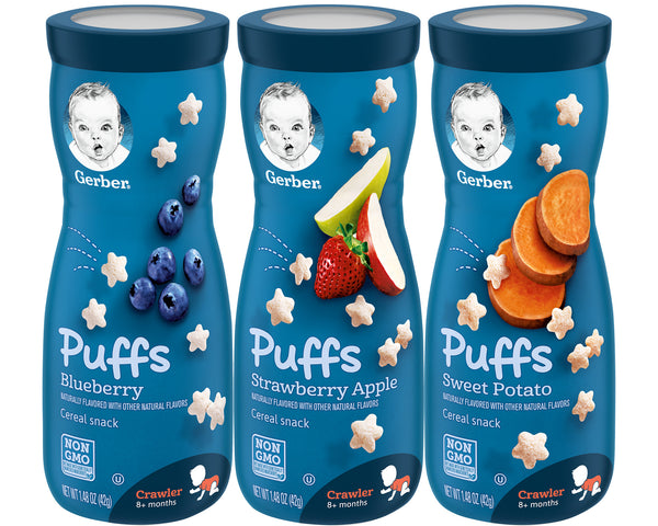 Gerber Puffs Variety Pack, 1 Strawberry Apple, 1 Blueberry, 1 Sweet Potato, 3 CT - Trustables