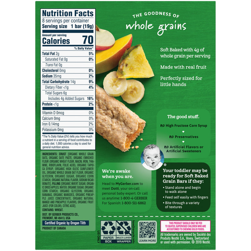 Gerber Organic Cereal Bars Variety Pack, 1 Organic Banana Mango Prune 5.5 OZ, 1 Organic Raspberry Pomegranate 5.5 OZ, 1 CT - Trustables