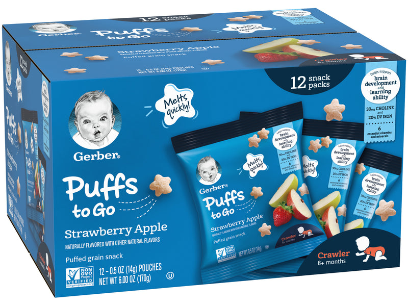 Gerber Puffs to Go Cereal Snack Packs, Strawberry Apple, 0.5 OZ, 12 CT - Trustables