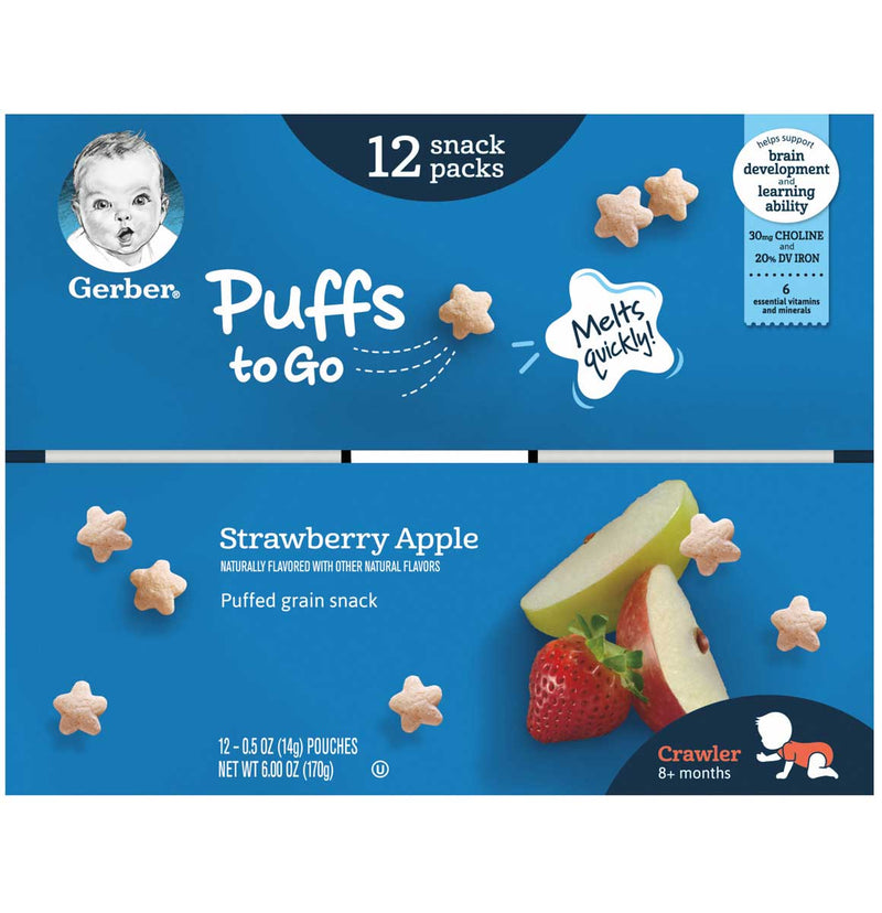 Gerber Puffs to Go Cereal Snack Packs, Strawberry Apple, 0.5 OZ, 12 CT - Trustables