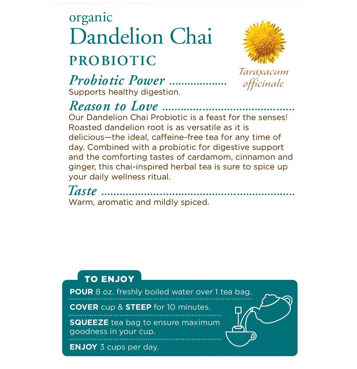 Traditional Medicinals Organic Dandelion Chai Probiotic Tea, 16 Tea Ba