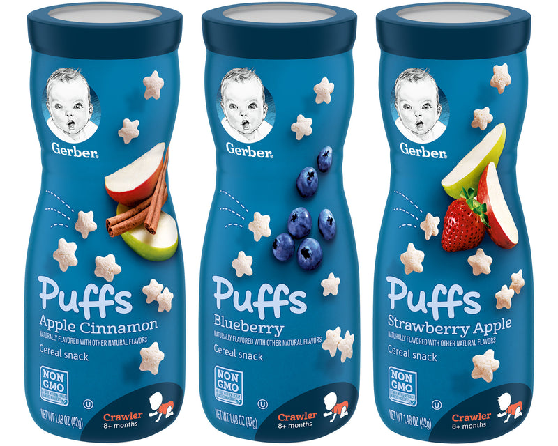 Gerber Puffs Variety Pack, 1 Strawberry Apple, 1 Blueberry, 1 Apple Cinnamon, 3 CT - Trustables