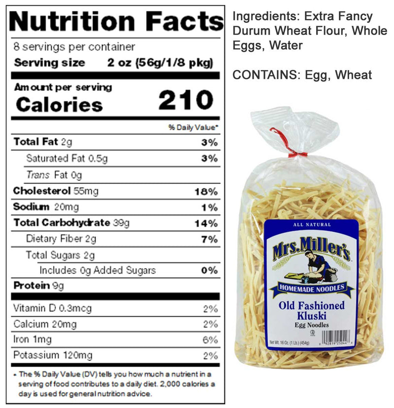 Mrs. Miller's Kluski Egg Noodles Nutritional information, Mrs. Miller's Kluski Egg Noodles Nutritional facts, Mrs. Miller's Old Fashioned Egg Noodles, Kluski, 16 OZ