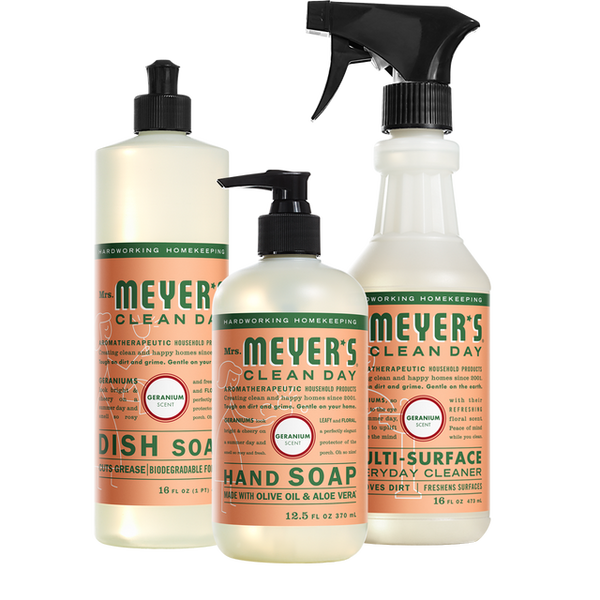 Mrs. Meyer's Geranium Kitchen set, Dish soap, Hand soap, and Multi-surface Cleaner, 1 CT - Trustables