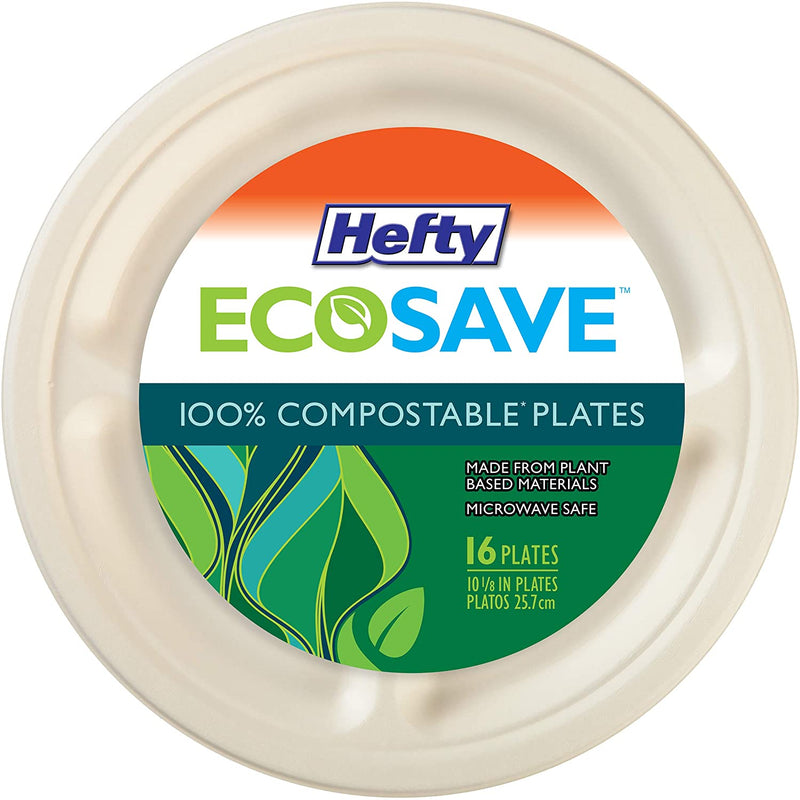 Hefty EcoSave 10-1/8" Compostable Compartment Plates, 16 CT - Trustables